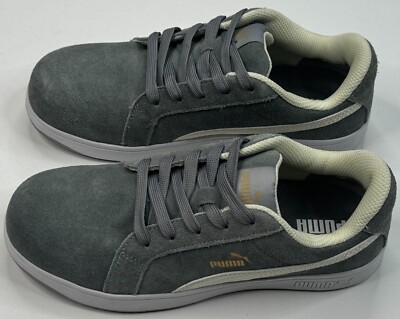 Puma Safety Icon Suede Low Gray & White Steel Toe Oil Resistant Sneaker Size 7.5