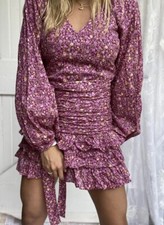 $395 LOVESHACKFANCY Rina Ruffled Mini Dress in Cherry Wine Size 10