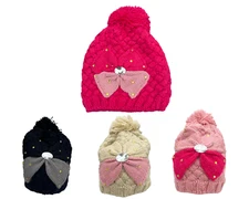 Jamont Bowtie Knitted Winter POM Beanie Ski Cap Hat with Decorative Gem Stone