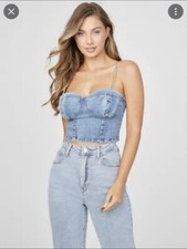 NWT GUESS Designer SL Fannie Denim Med Wash Crop Top Bustier Size Medium