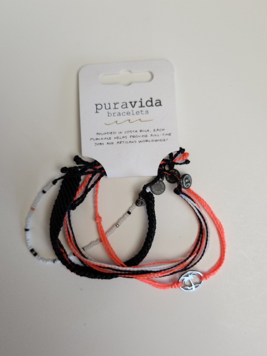 PURA VIDA Bracelets FOUR Strand Black White Coral Palm Tree Bead Set NEW