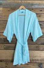 Satin Robe Light Blue Short Sleeve Belted Lounge Spa Bridal Prep Soft Glam Sleep