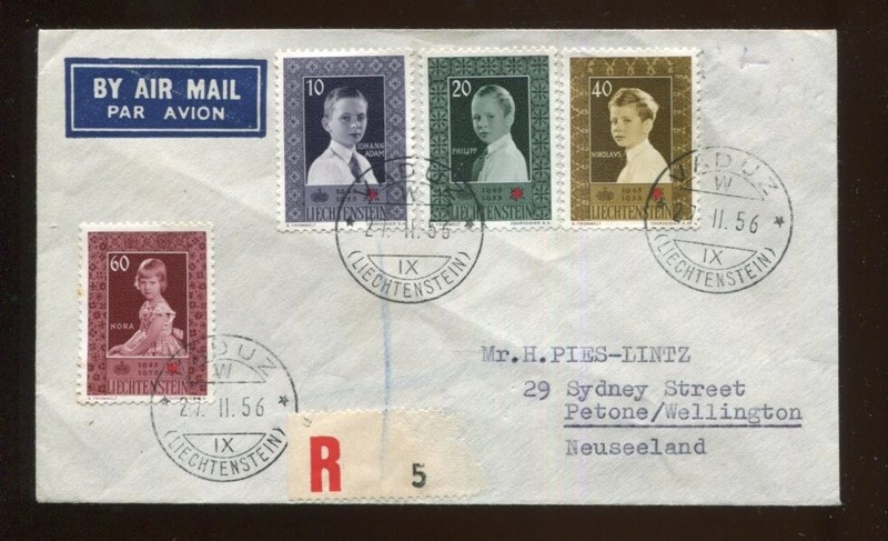 Liechtenstein 1956 Scott #293-6 Zum 282-6 Registered VADUZ - PETONE, NEW ZEALAND