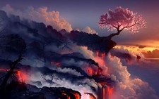 Landscape fantasy art lava cherry blossom sunset Custom Gaming Mat Desk