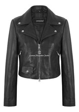 Women’s Black Leather Brando Short Fitted Biker Double Drive Zip Jacket Kendall