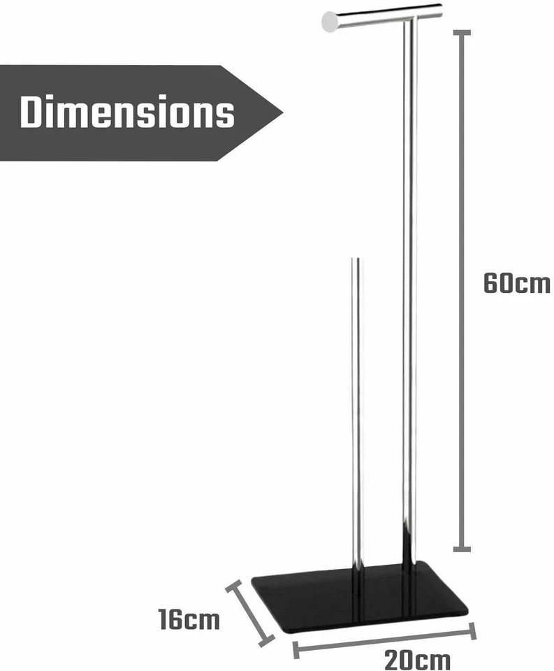 Free Standing Toilet Roll Holder Tempered Glass Black Base Bath Chrome Dispenser - Image 3 of 4
