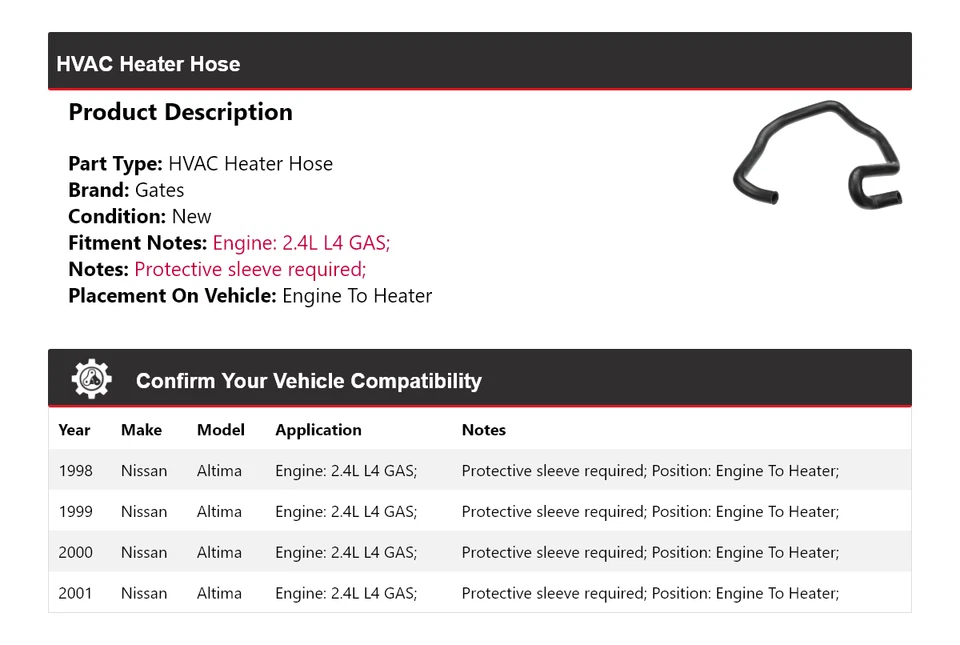 Para 1998-2001 Nissan Altima 2.4L L4 GAS HVAC aquecedor mangueira motor para aquecer portões - Imagem 2 de 4