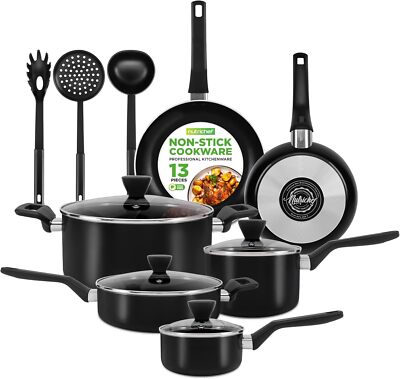NutriChef 13-Piece Nonstick Cookware - Heat Resistant Kitchen Ware NCCWA13,Black