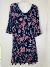 Eliza J Dress Womens 14 Floral Midi Dress Fit and Flare 3/4 Sleeve Gold Zipper
