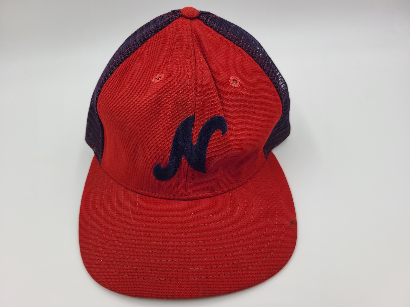 Vintage New Era Pro Model Script Letter N Mesh Trucker S-M Snapback Hat Cap 80s