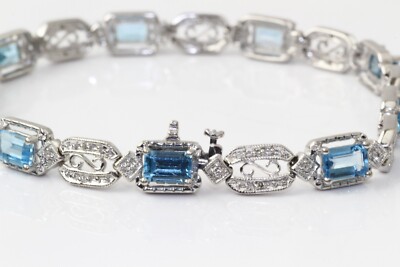 DARLING 10k WHITE GOLD BRACELET WITH BLUE TOPAZ & DIAMONDS (7-3/8'')