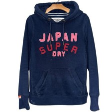 SuperDry Women  s M Navy Blue Embroidered Logo Kangaroo Pocket Hoodie Sweatshirt