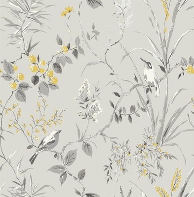 Edles Dekor Mariko Floral Vögel Tapete Grau Gelb Metallic Blumenschimmer