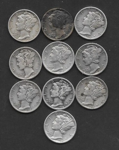 10 MERCURY 90% SILVER DIMES 1930'S GOOD READABLE DATES AND MINT MARKS