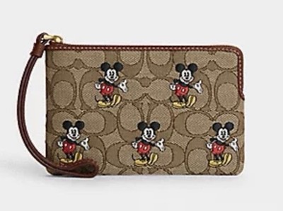Coach Disney Mickey Mouse Signature Zip Wristlet Pouch Wallet Brown Small