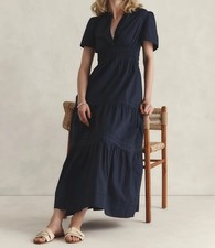 Quince Women 100% Organic Cotton Poplin Tiered Maxi Dress Navy Basic Sleeved XS