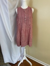 Quince Womens M 100% Linen Red White Gingham Sleeveless Swing Dress Pintuck
