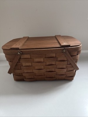 Vintage Basketville Putney Vermont Woven Wood Picnic Basket with Handles