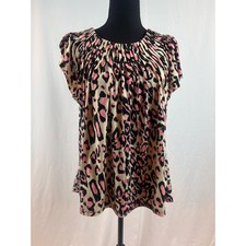 Pink Leopard Print Gathered Neck Short Sleeve Blouse Tan Black Animal Print