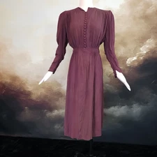 1930s Crepe Button Up  Dusty Maroon Long Sleeve Dress Gown Vintage 1940s As is