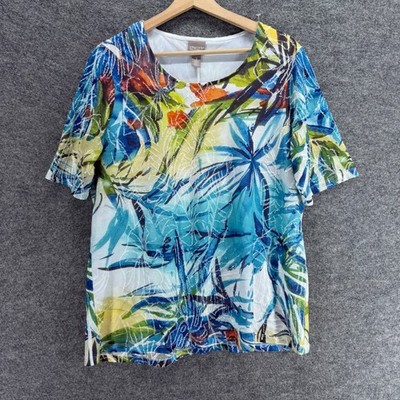 Chiso's T-Shirt Women 3 Blue Floral Lined Short Sleeve Round Neck Pullover