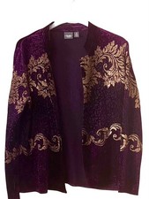 Chico s Travelers Collection LG Velvet Jacket Purple Gold Open Front Cardigan