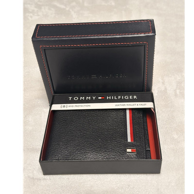 Tommy Hilfiger Black Trifold Wallet RFID Blocking with Logo Striped Accents