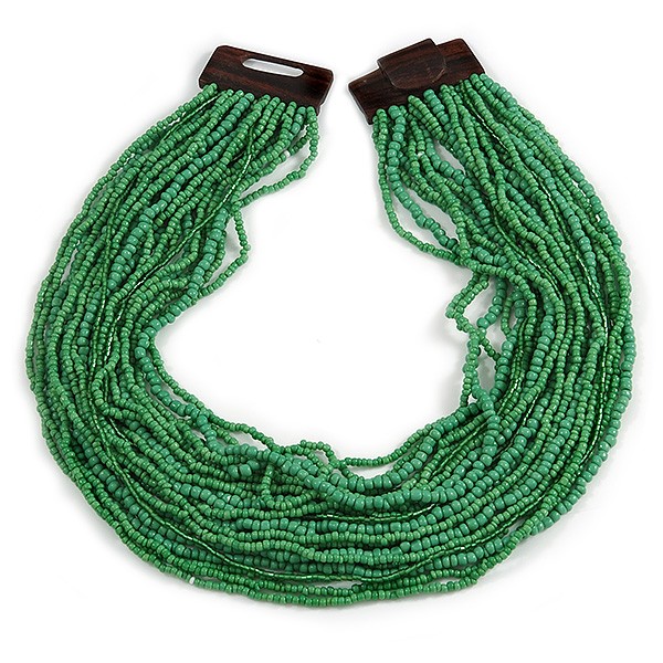 Statement Multistrand Apple Green Glass Bead Necklace with Wood Closure - 60cm