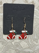 Retro Christmas Stocking Holiday Gold Loop Enamel Drop Dangle Adorable Earrings