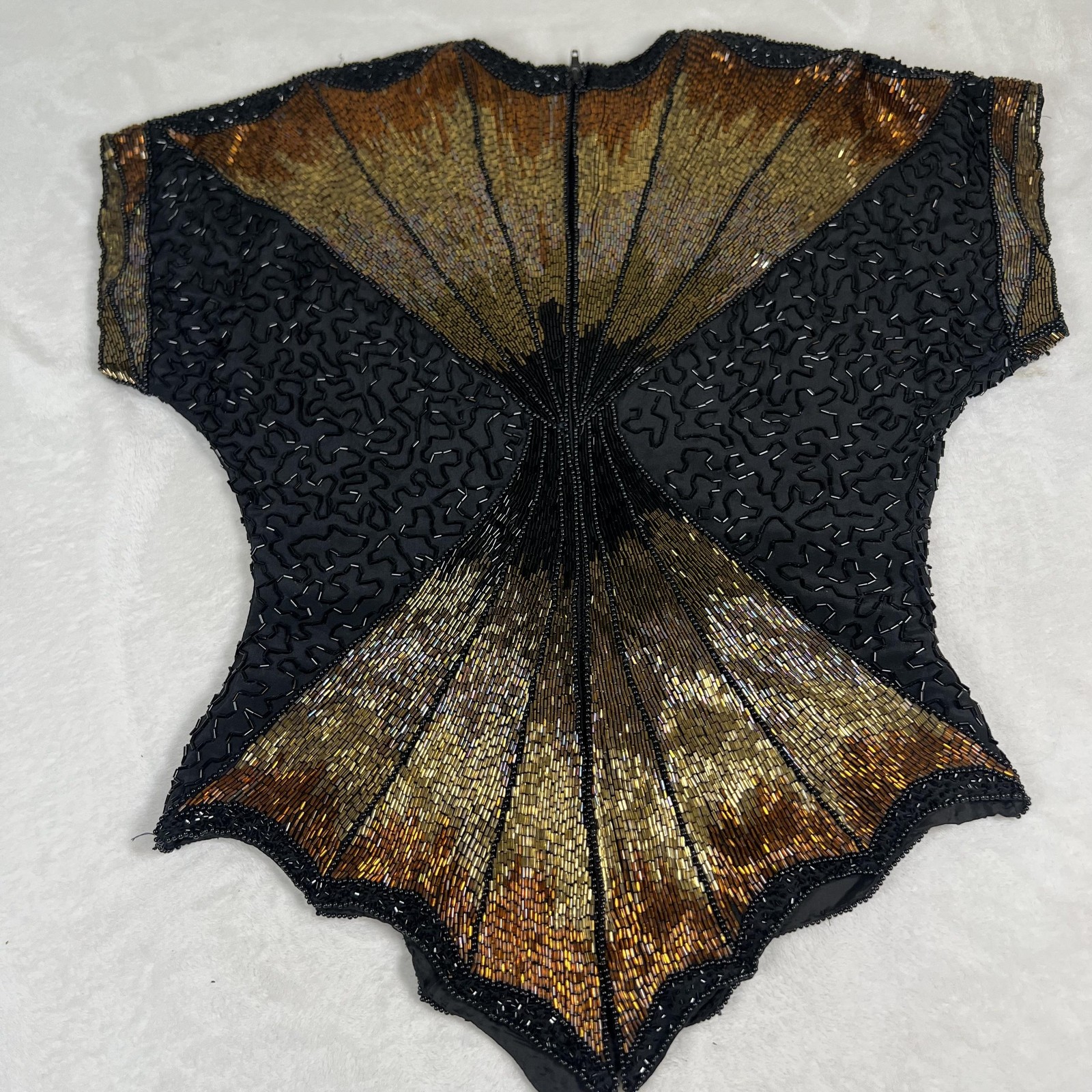 Vintage Oleg Cassini Shirt Womens Small Black Gold Beaded Silk Evening Top 80s