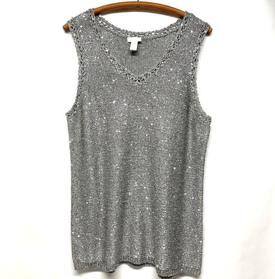 Chico s Metallic Silver Grey Knit Tank Vest w Sequin Sparkle Size 3 / XL / 16
