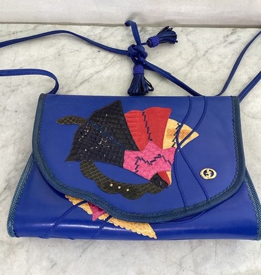 Vintage 80 s Carlo Fiori Multi Color Collage Reptile Leather Shoulder Bag Italy