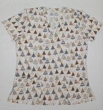 Divine Stretch Winter Holiday Season Scrub Top V Neck Size S Glitter Trees