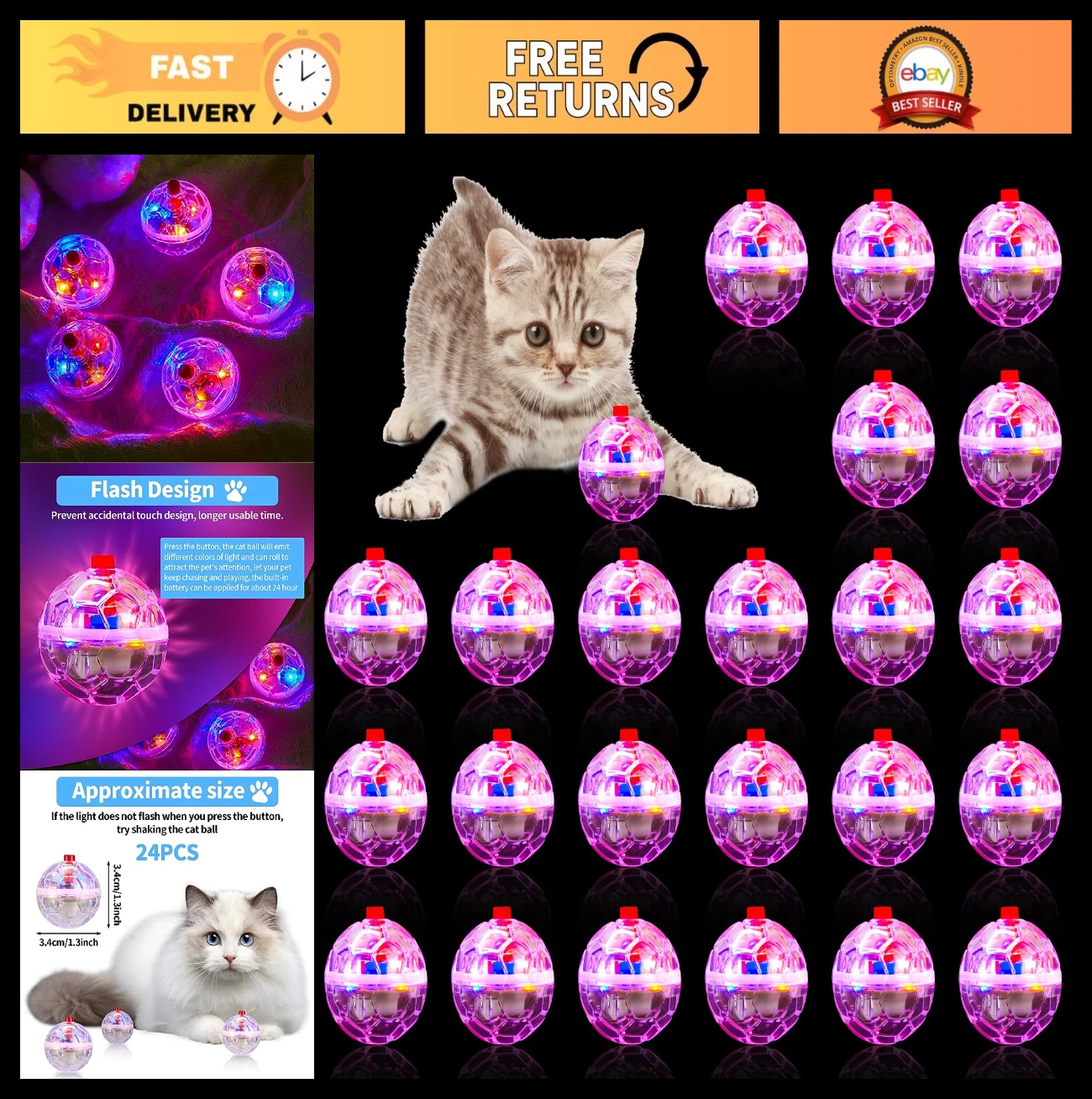 24PC Light Up Cat Balls - Motion-Activated Glow Toys for Indoor Fun & Ghost Hunt