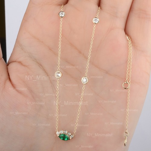 Marquise Emerald Diamond Evil Eye Solid 14K Yellow Gold Choker Pendant Necklace - Picture 5 of 8