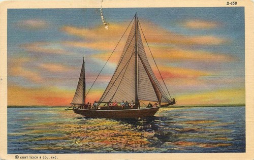 AK Segelboot Ozean Sonnenuntergang Leinen unbespielt  - Bild 1 von 2