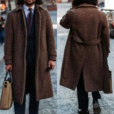 Herringbone Men Overcoats Tweed Wool Blend Overcoat Single Breasted Long Coats