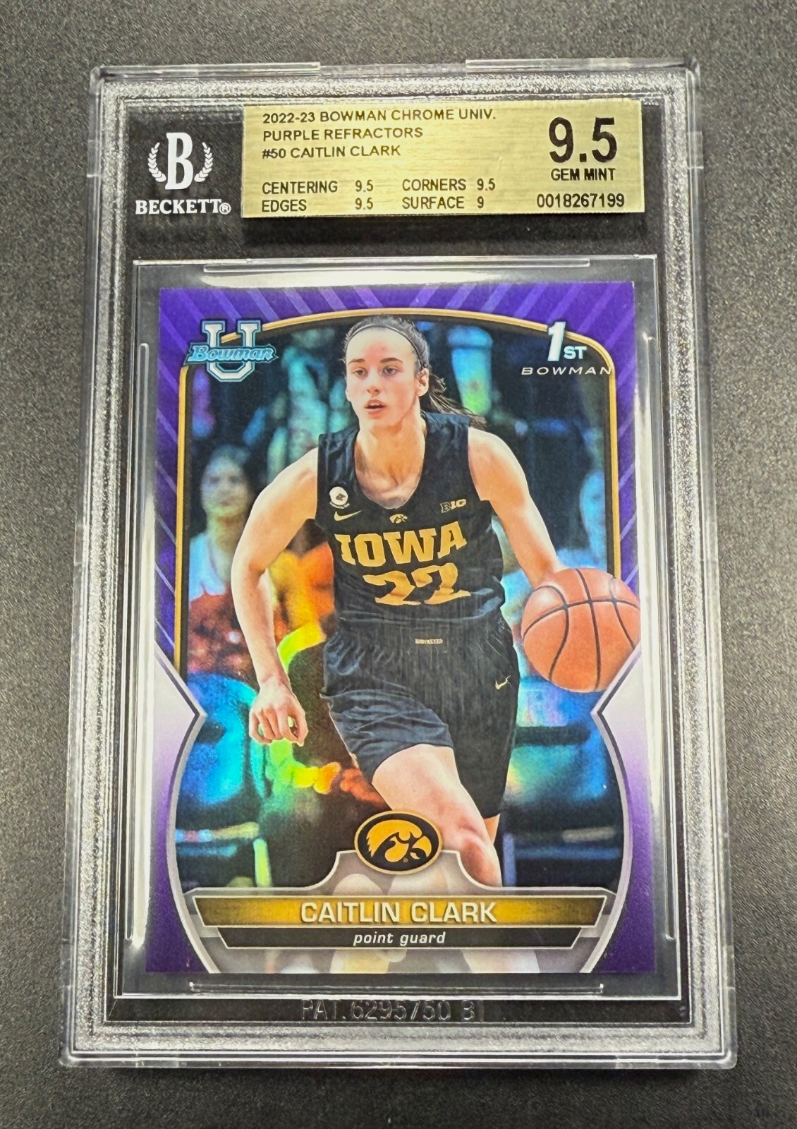 CAITLIN CLARK 2022 BOWMAN CHROME 1ST PURPLE REFRACTOR ROOKIE RC /399 BGS 9.5 GEM