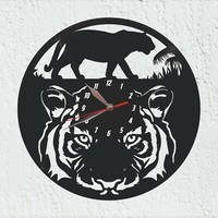 Vinywoody Wanduhr Vinyl Schallplatte Tiger Wildtier Geschenk Deko