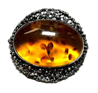 925 Silber Brosche Designer Anstecknadel / Anhänger Bernstein Cabochon Inklusen