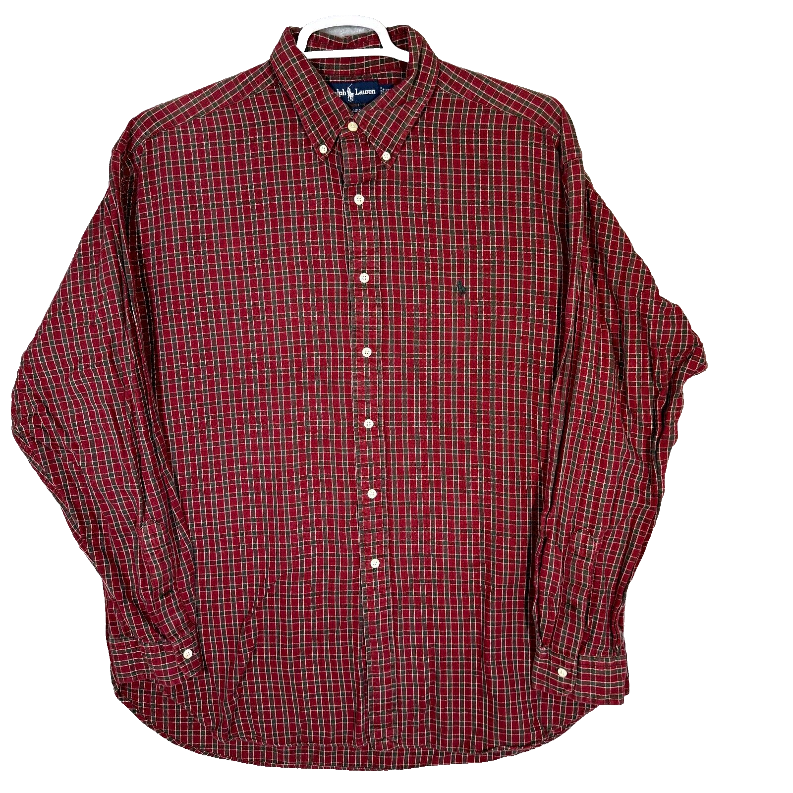PONY Camicia uomo Ralph Lauren Blaire flanella XL rosso check 100% cotone bottoni M1316