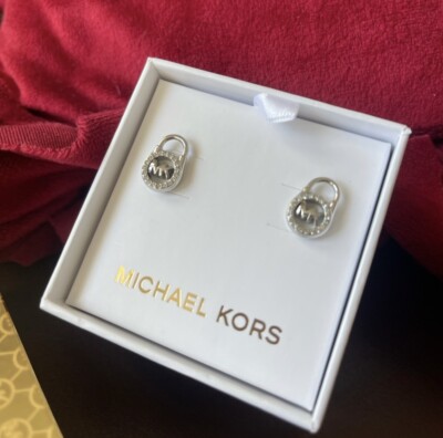 $95 MICHAEL KORS Crystals MK Logo PADLOCK Stud Earrings