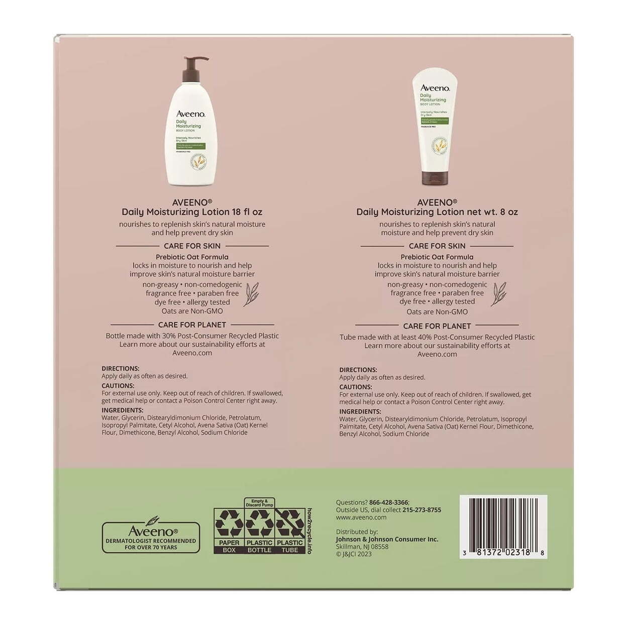 Aveeno Daily Moisturizing Body Lotion 18 Fluid Ounce (Pack of 2) + 8 Ounce Tube