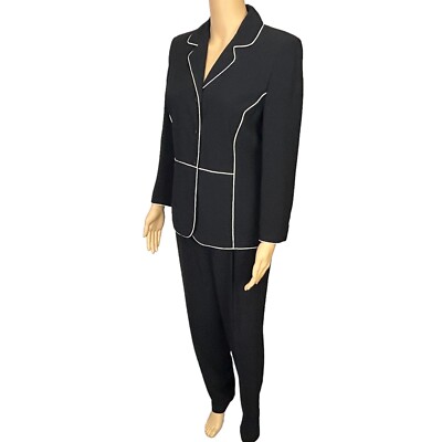 Vintage Focus 2000 Womens 8 Black w/ White Trim Belted Pants Suit