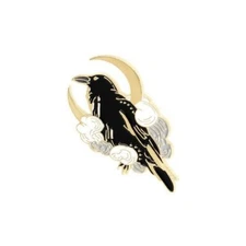 Black Raven Crow Metal Pin Badge Brooch Enamel New Crescent Moon Clouds