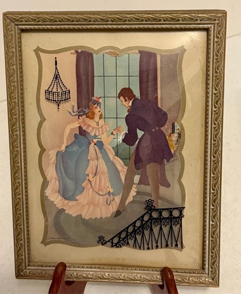 Пара принтов 1940-х Corp S. Colef Courtship в рамке с пузырьковым выпуклым стеклом - Изображение 2 из 4