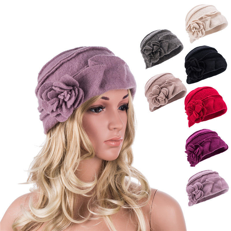 バーバーリー Solid Color 1920s Womens 100% Wool Flower Winter Warm Bucket Cap