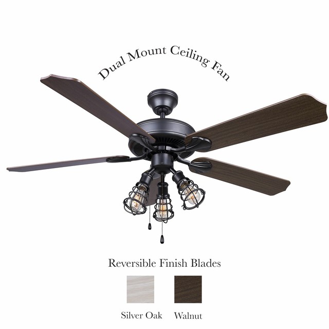 52 Ceiling Fan 3 Cage Lights Reversible Blades Oak Or Walnut