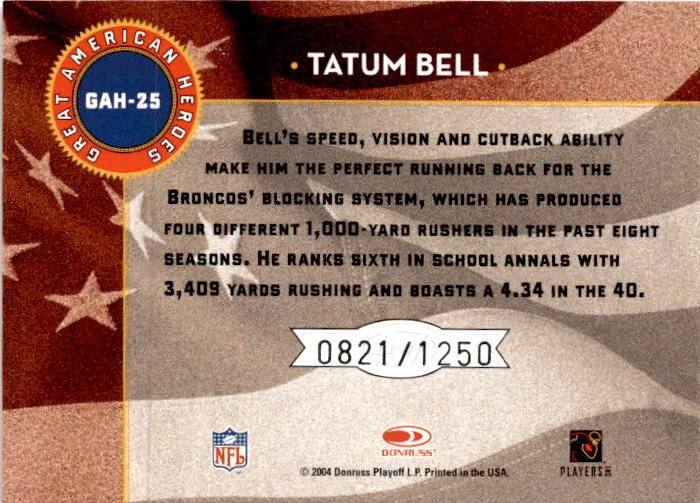 2004 Leaf Rookies & Stars #GAH-25 Tatum Bell Great American Heroes Red #/1250 - Image 2 of 2