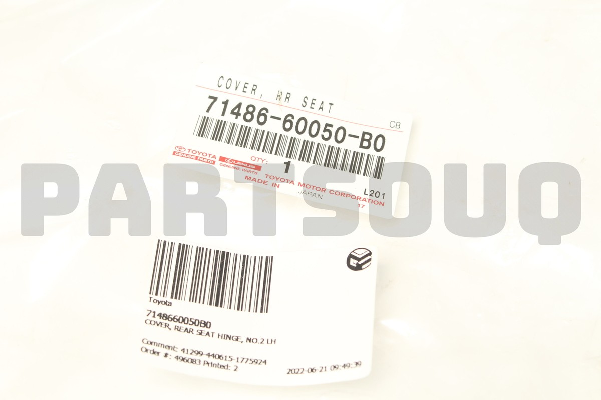 7148660050B0 Genuine Toyota COVER, REAR SEAT HINGE, NO.2 LH 71486